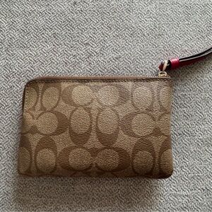 Coach Brown Signature Canvas Wristlet with Red Accent